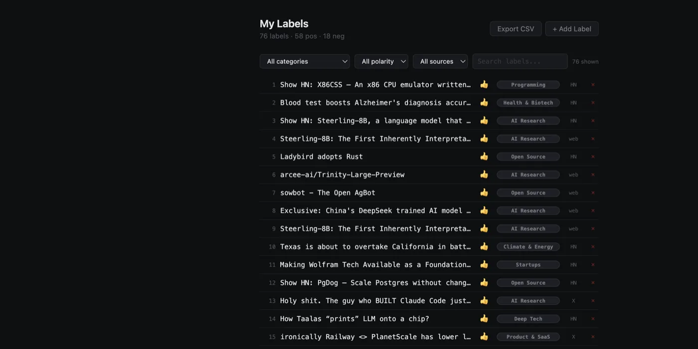 Label Manager showing collected training data