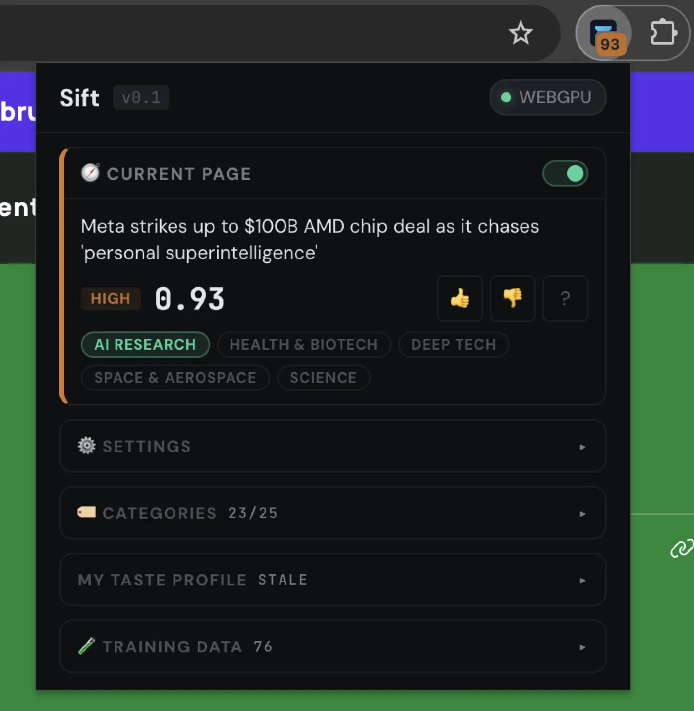 Sift popup showing score, categories, and WebGPU badge