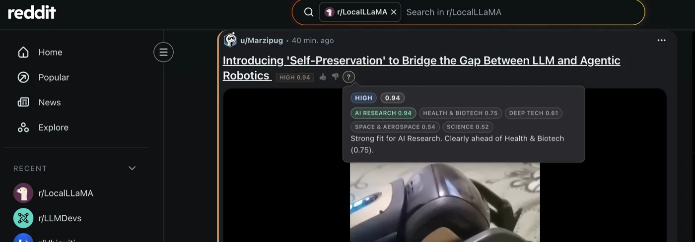 Sift scoring a Reddit post